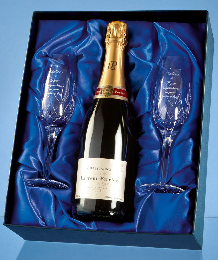 personalised champagne flutes in satin lined gift box