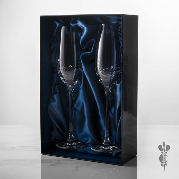 2 Diamante Champagne Flutes with Elegance Spiral Cutting in a Satin Lined Gift Box - Personalised Engraved - Culzean Gifts