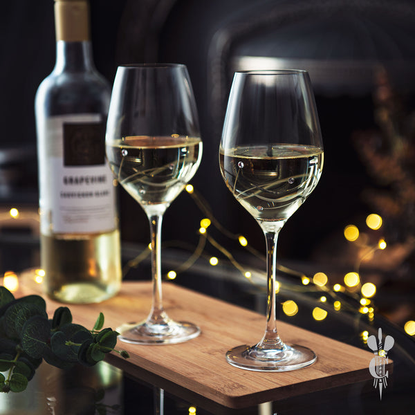 2 Diamante Personalised Engraved Wine Glasses in a Satin Lined Gift Box - Engraved - Culzean Gifts