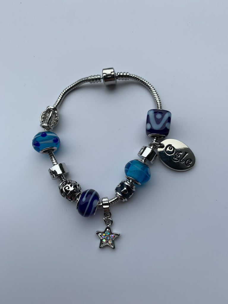 Candy Blue Charm Bead Bracelet, Modern Day Design by Culzean Ogle (06) Personalised Engraved