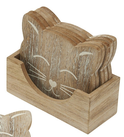 Set Of 6 Rustic Cat Carved Wooden Coasters With Holder 12.5cm