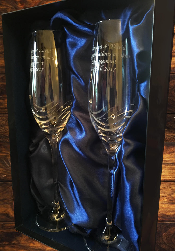2 Diamante Champagne Flutes with Elegance Spiral Cutting in a Satin Lined Gift Box - Personalised Engraved - Culzean Gifts