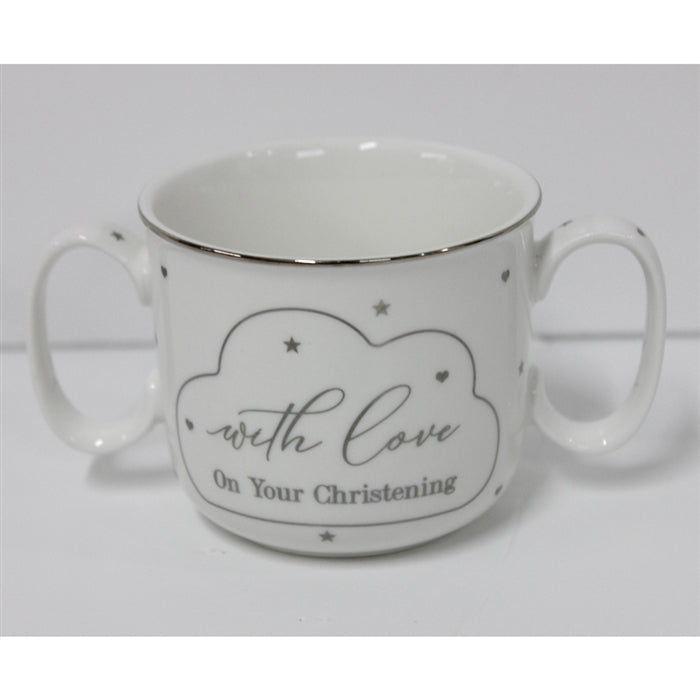 White Ceramic Double Handle Mug Christening Gift