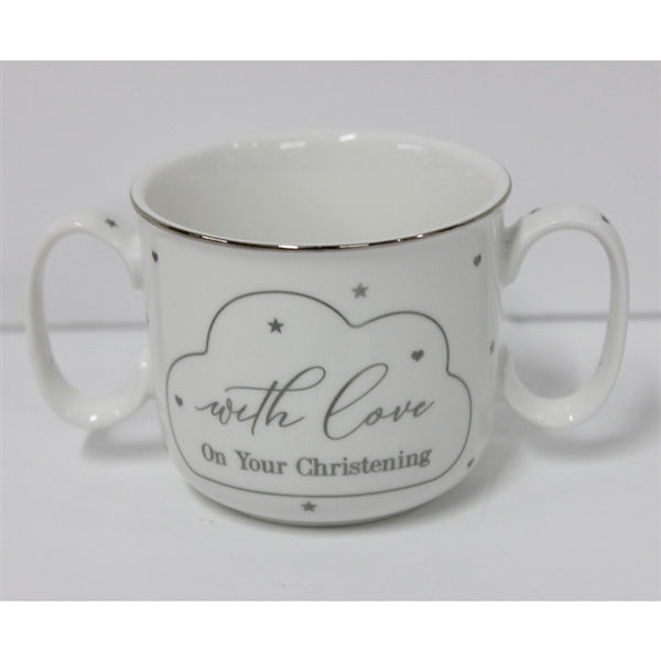 White Ceramic Double Handle Mug Christening Gift