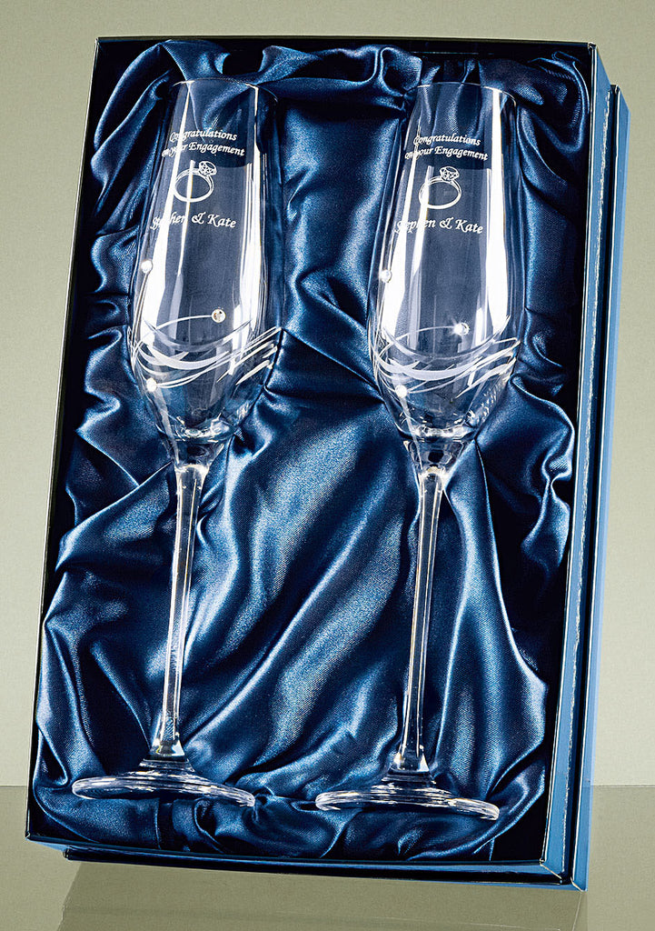 2 Diamante Champagne Flutes with Elegance Spiral Cutting in a Satin Lined Gift Box - Personalised Engraved - Culzean Gifts