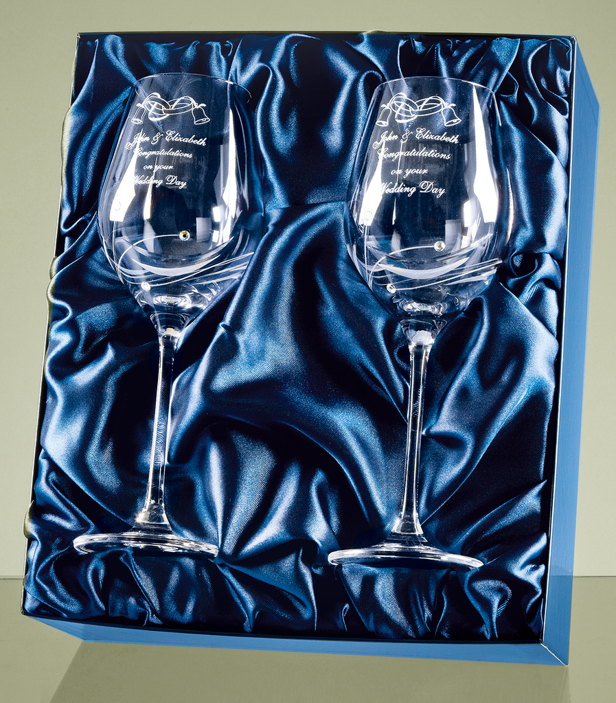 2 Diamante Personalised Engraved Wine Glasses in a Satin Lined Gift Box - Engraved - Culzean Gifts