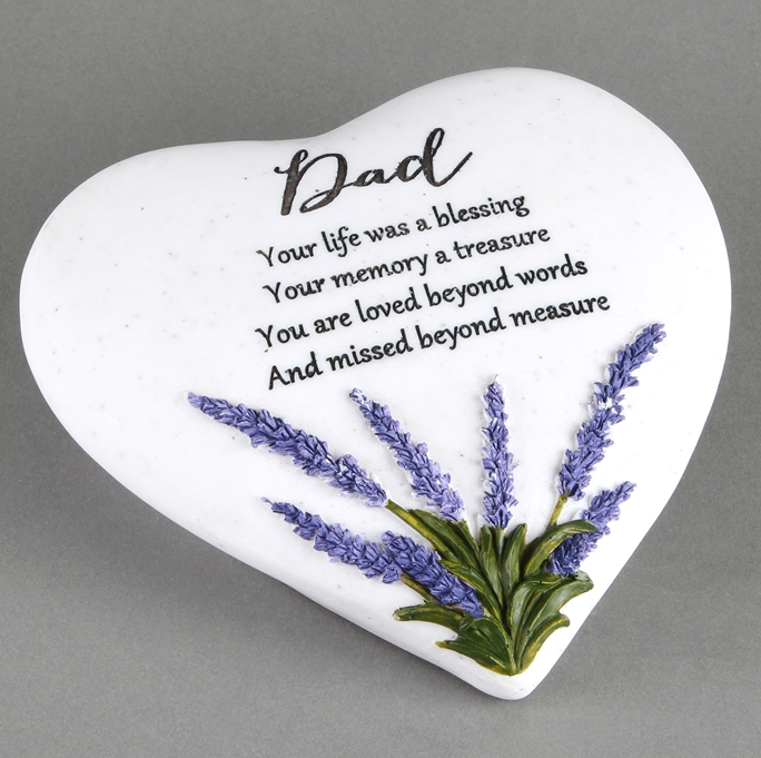 Memorial Heart Stone With A Lavender Design With Memorial Dad Text.  15 x 16 x 7cm