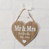 A Hanging MDF Heart Plaque With Mr And Mrs Two Hearts One Love Text 13.5cm x 14cm x.5cm - Culzean Gifts