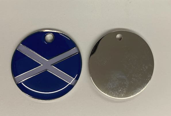  Engraved 25mm nickel plated flag design pet tags. Scottish Saltire