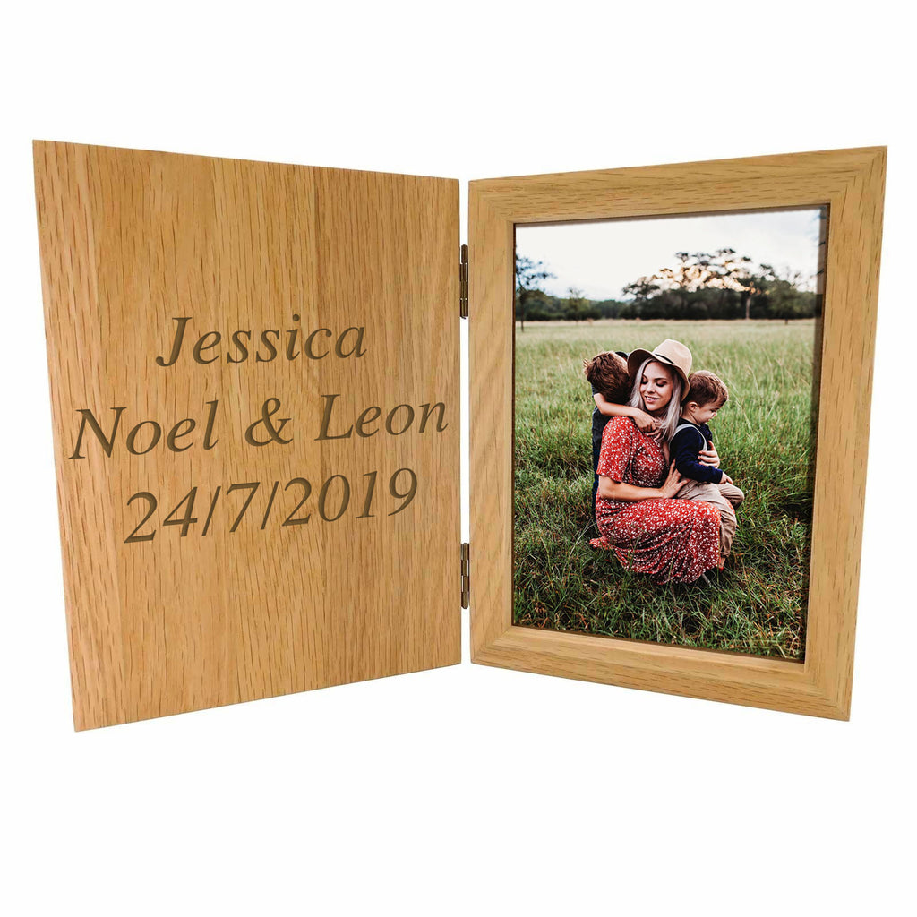 Engraved Personalised Deluxe Solid Oak Book Shape Oak Photo Frame 7" x 5" - Culzean Gifts